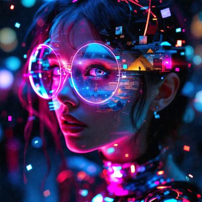 The primary subject of the image is a woman wearing glasses and a black shirt. She is the main focus of the image. The setting is a dark room with a colorful background, creating a vibrant and lively atmosphere. The visual style is a combination of a photo and digital art, giving the image a unique and artistic appearance. The colors and mood are predominantly pink and purple, which adds a sense of warmth and creativity to the scene.